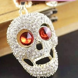 Gold plated red white crystal skull necklace pendant